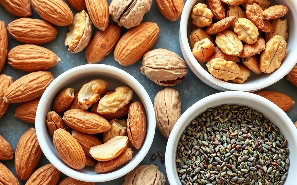 Zdjęcie przedstawiające różnorodne orzechy i nasiona