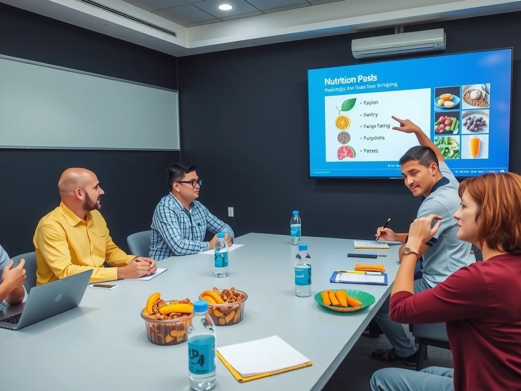 Grupa ludzi uczestnicząca w interaktywnym warsztacie żywieniowym, z uśmiechami i notatkami