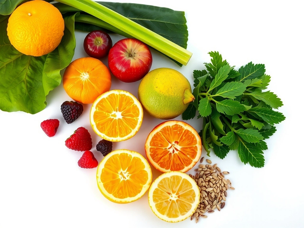 Moderní, čistý obraz čerstvých, zdravých potravin na světlém pozadí, bez textu, symbolizující výživu a zdraví.