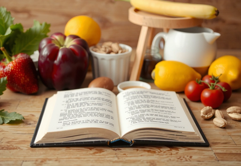 Otevřená kniha nebo osoba čtoucí, obklopená zdravým jídlem, symbolizující učení a výživu. Žádný text.